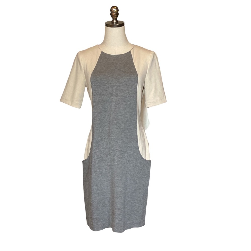 Adam Lippes Sheath Dress Knee Length Pockets Gray Beige 8